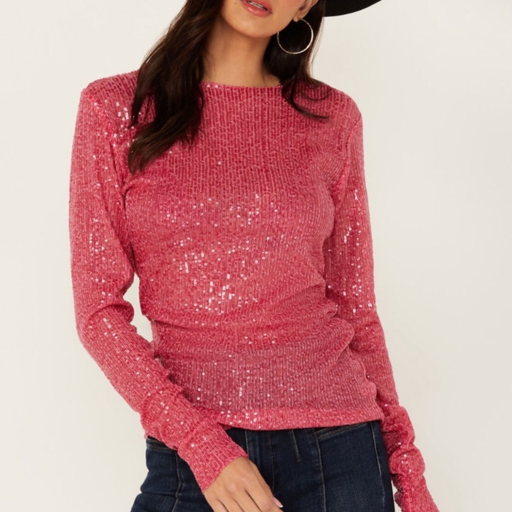 NWT Free People Gold Rush sequin long sleeve top in hot pink - S
